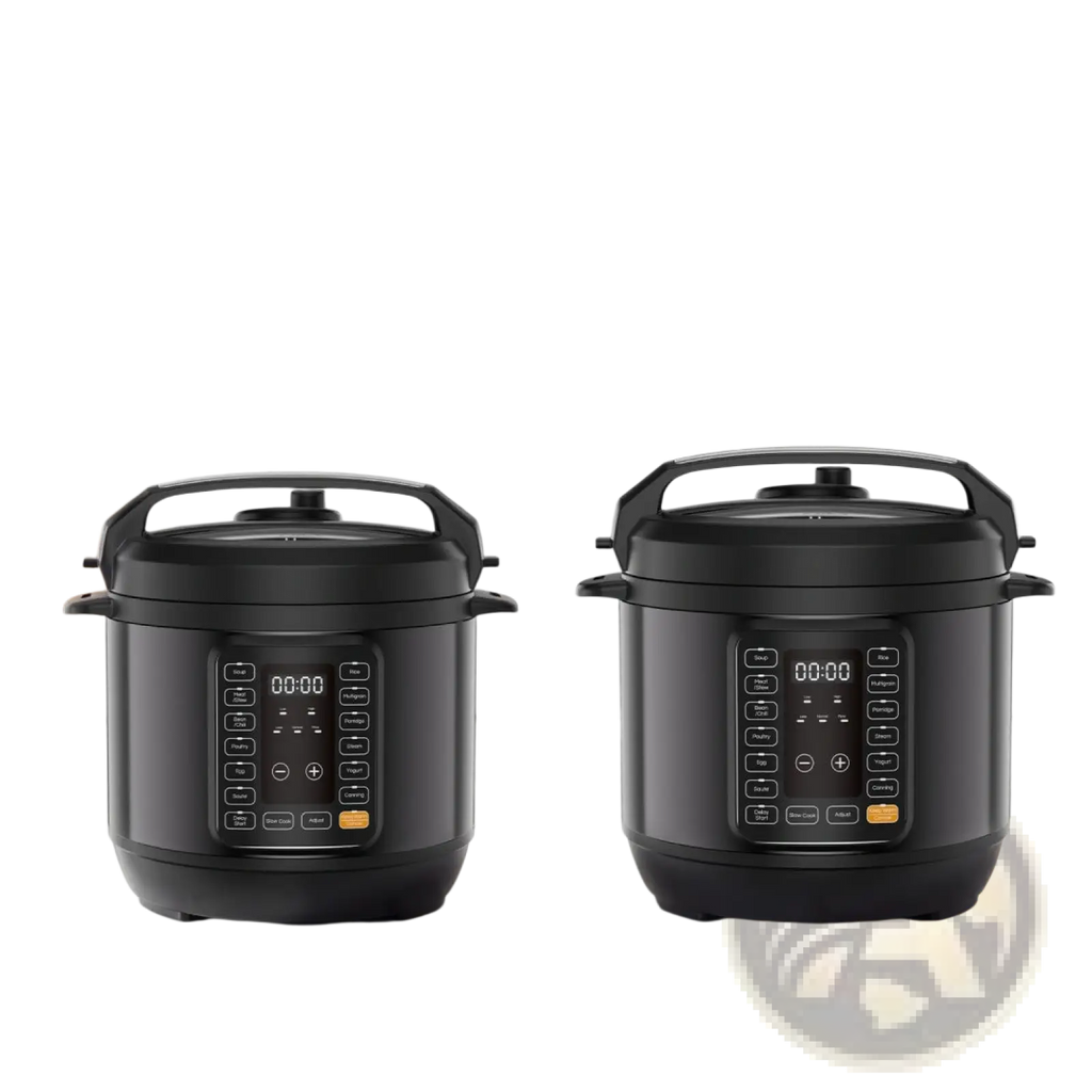 Black electric pressure cookers 6qt and 8qt with digital control panels for versatile multi cooking tasks