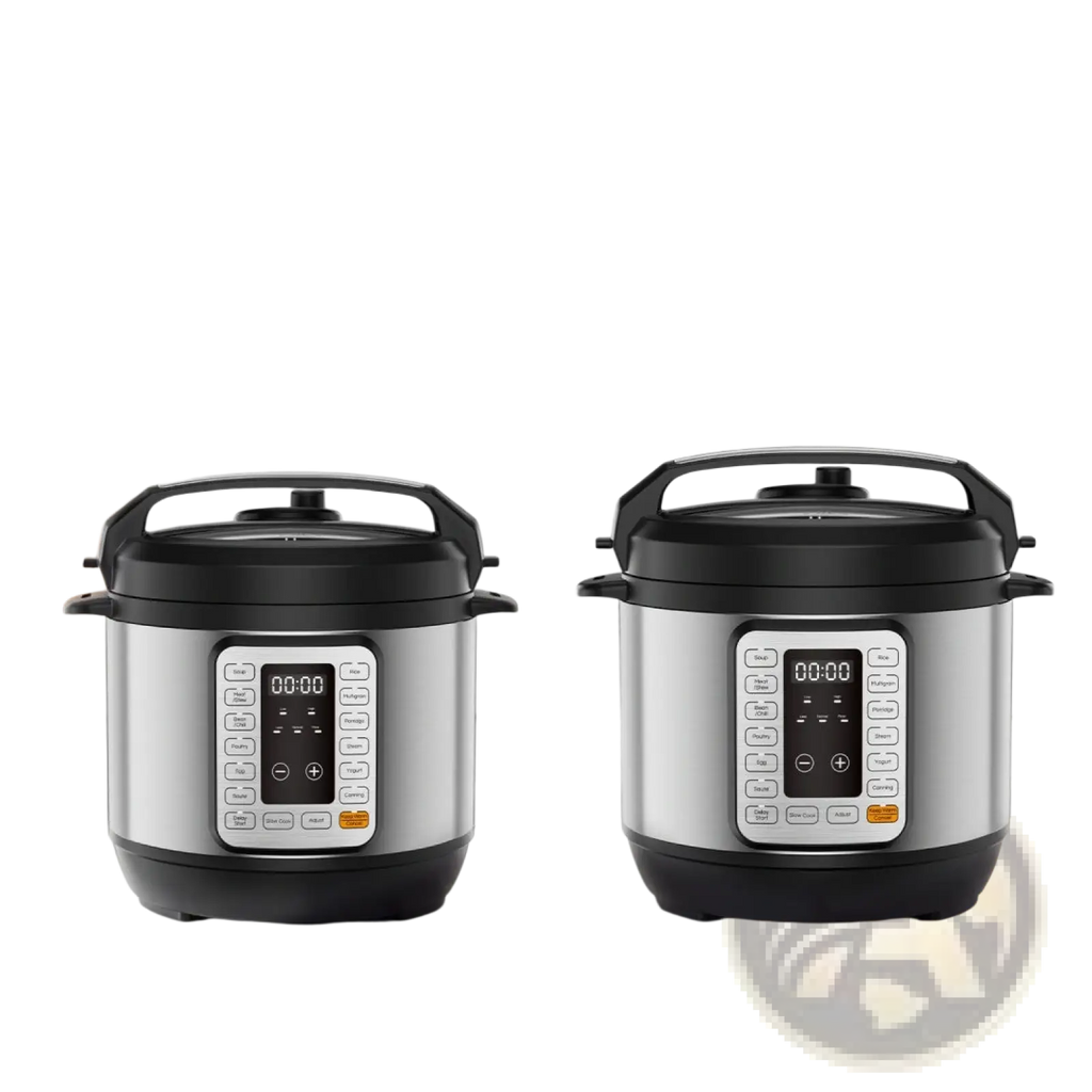 Silver and black newbulig 6qt and 8qt electric pressure cookers with digital control panels for versatile cooking