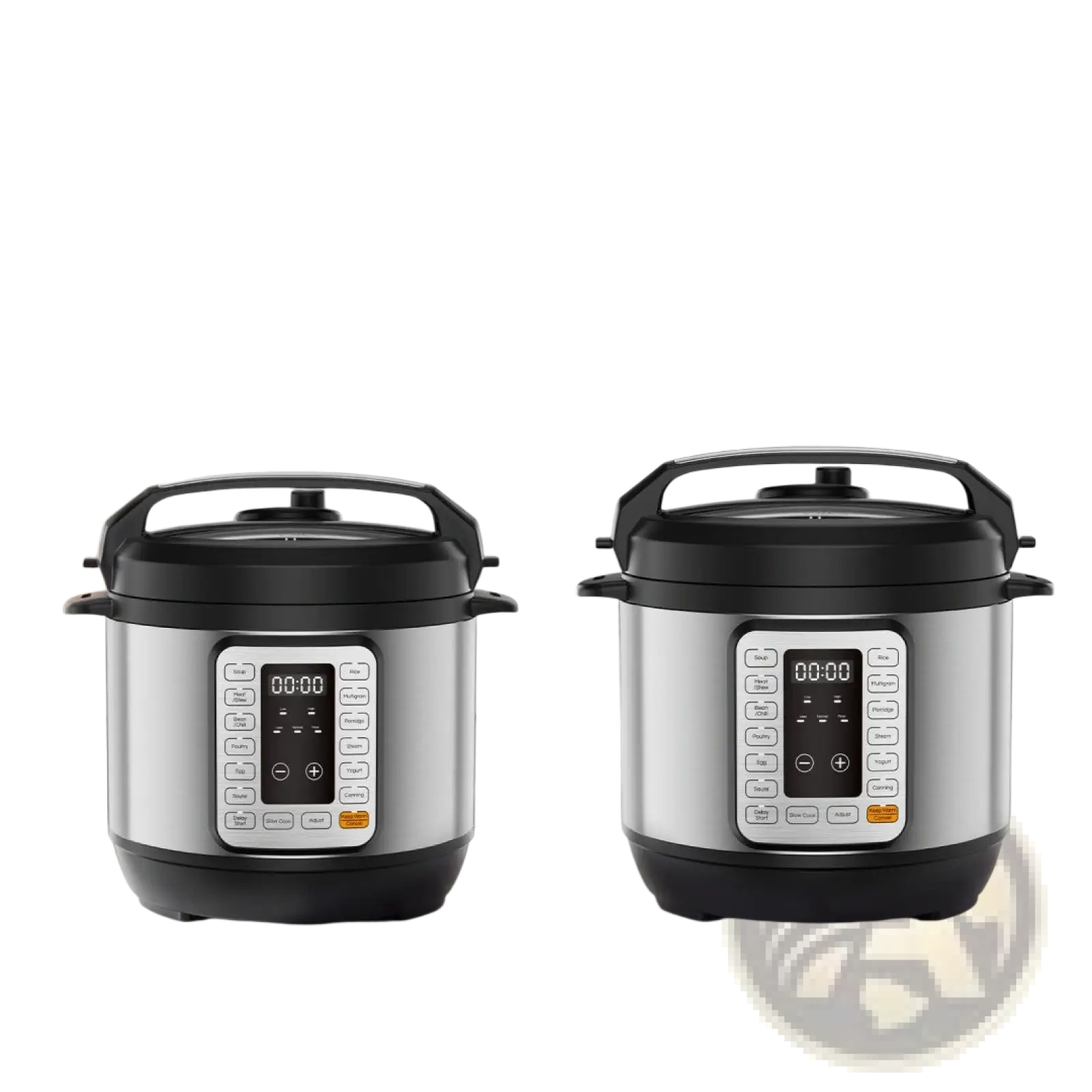 Silver and black newbulig 6qt and 8qt electric pressure cookers with digital control panels for versatile cooking