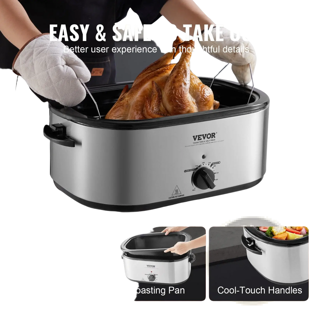 Stainless steel vevor electric roaster oven 24 qt with black handles and control knob for easy safe turkey removal