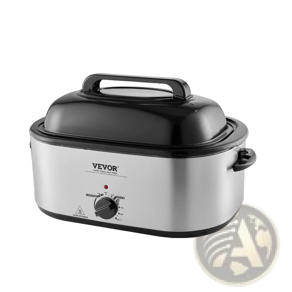 Silver and black vevor electric roaster oven with a sleek rounded design 24 qt capacity with lid for turkey roasting
