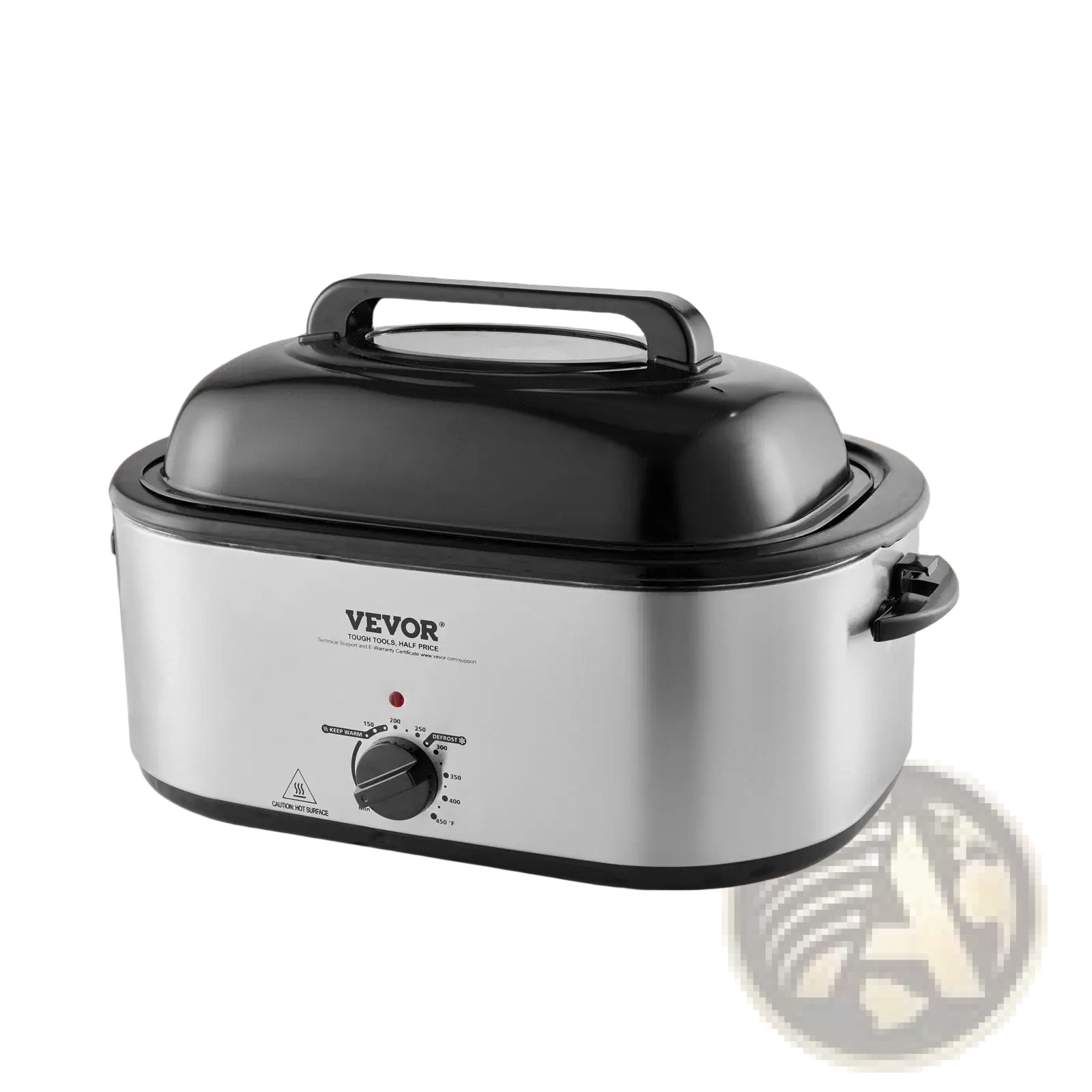 Silver and black vevor electric roaster oven with a sleek rounded design 24 qt capacity with lid for turkey roasting