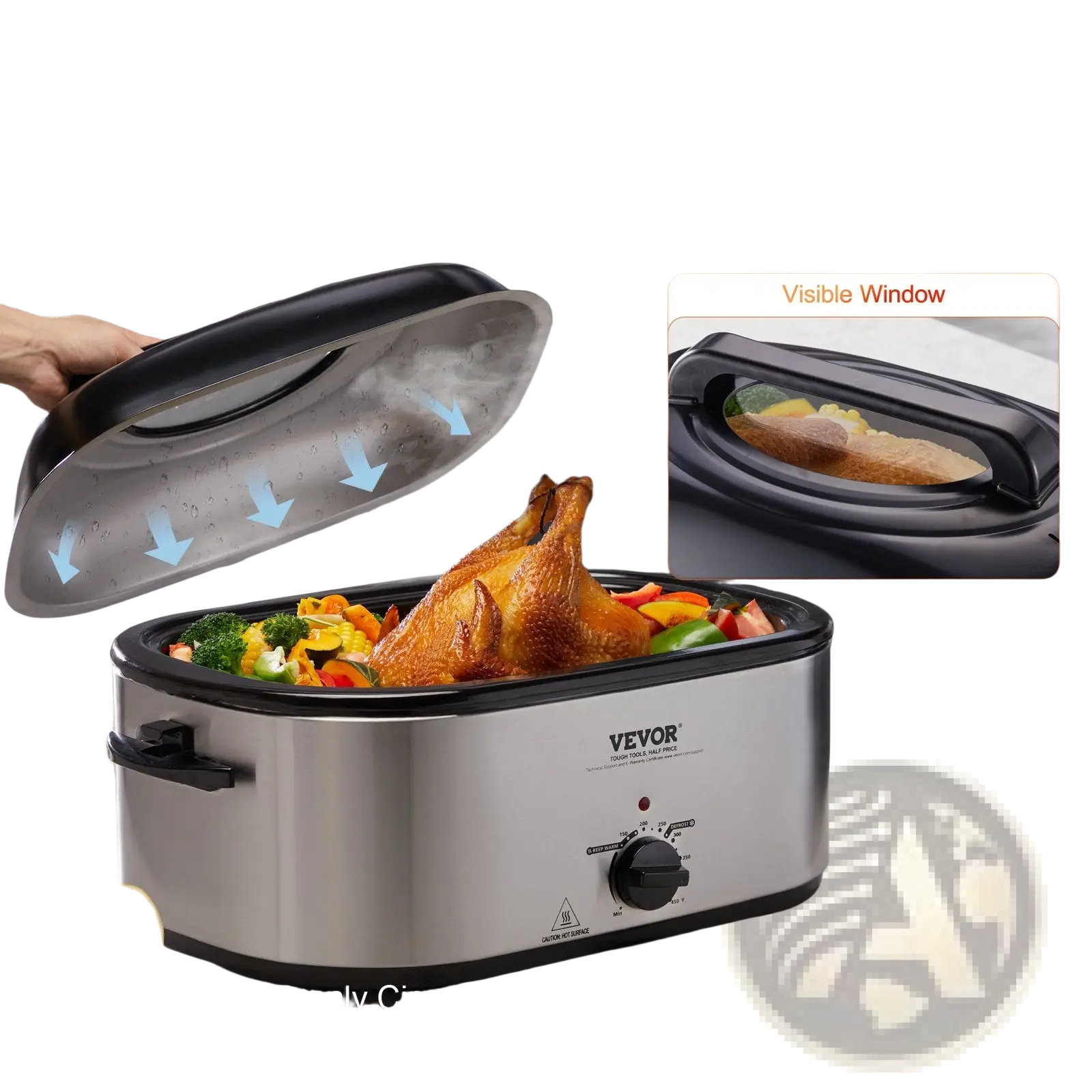 Silver stainless steel vevor electric roaster oven 24 qt turkey roaster with black lid and window for monitoring food