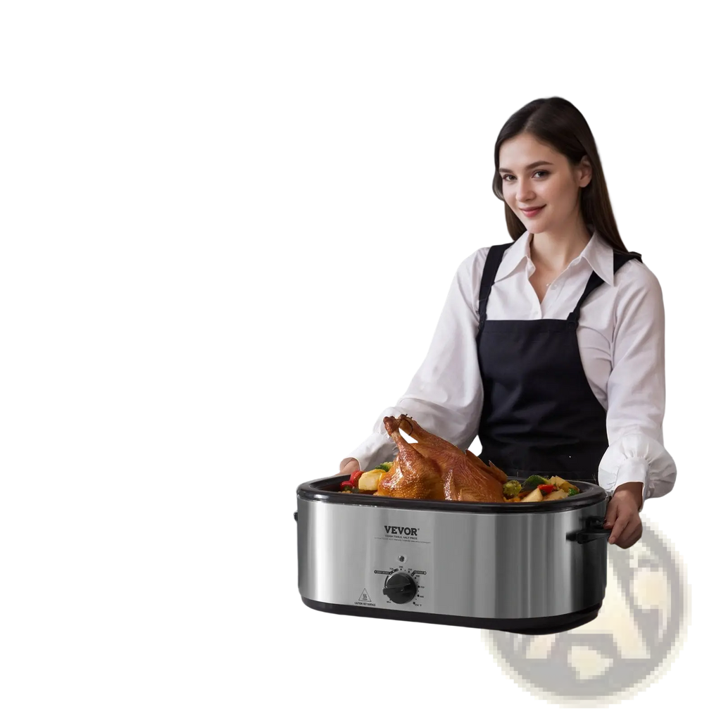Stainless steel vevor 24 qt electric roaster oven with black base and control knob for large capacity turkey cooking