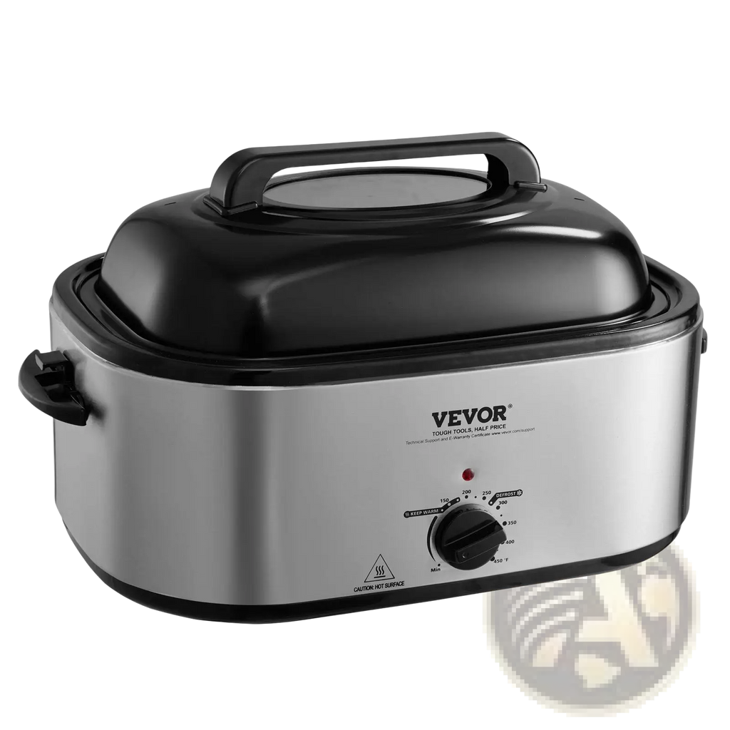 Electric roaster oven 24 qt turkey roaster with stainless steel body black plastic lid handle and temperature control dial