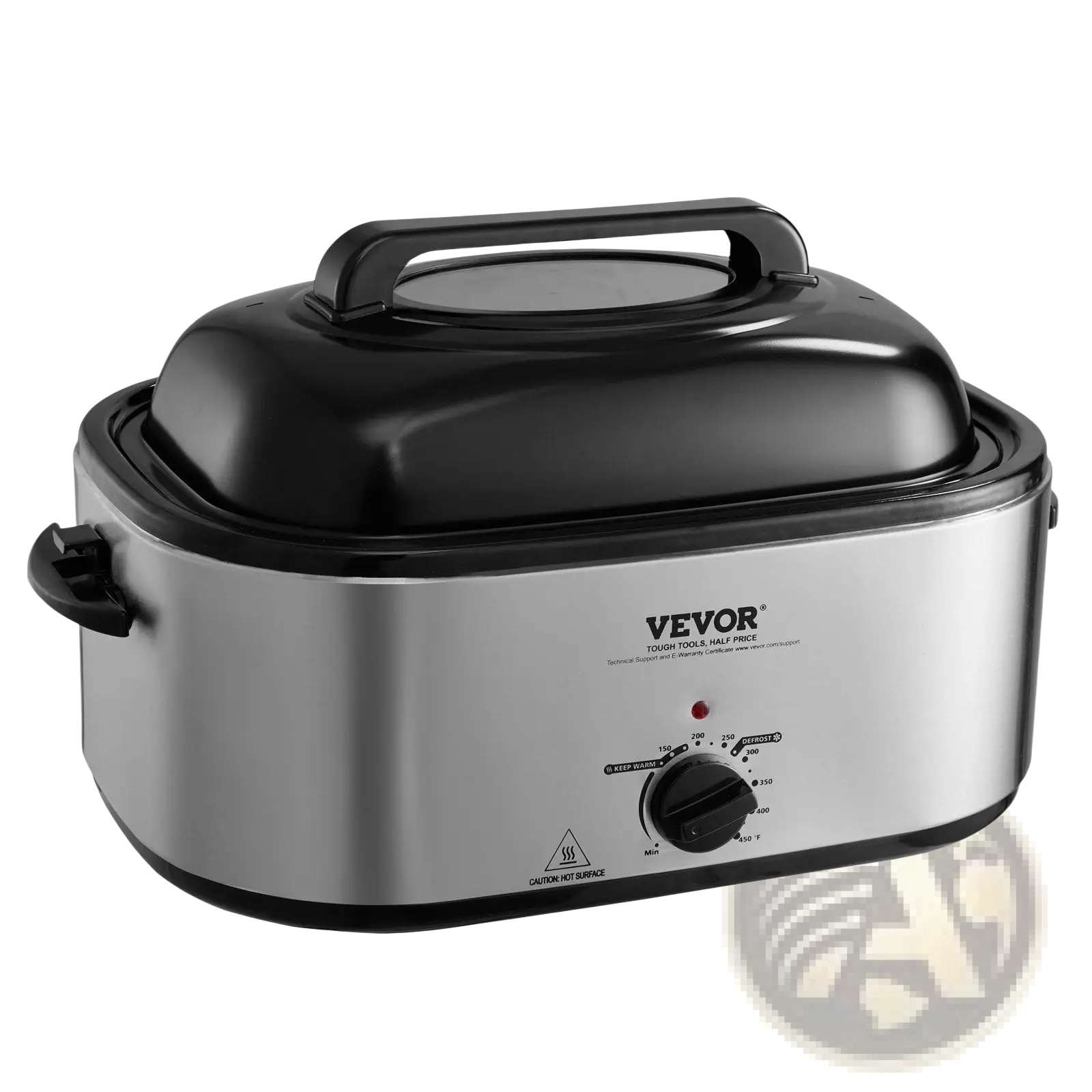 Electric roaster oven 24 qt turkey roaster with stainless steel body black plastic lid handle and temperature control dial