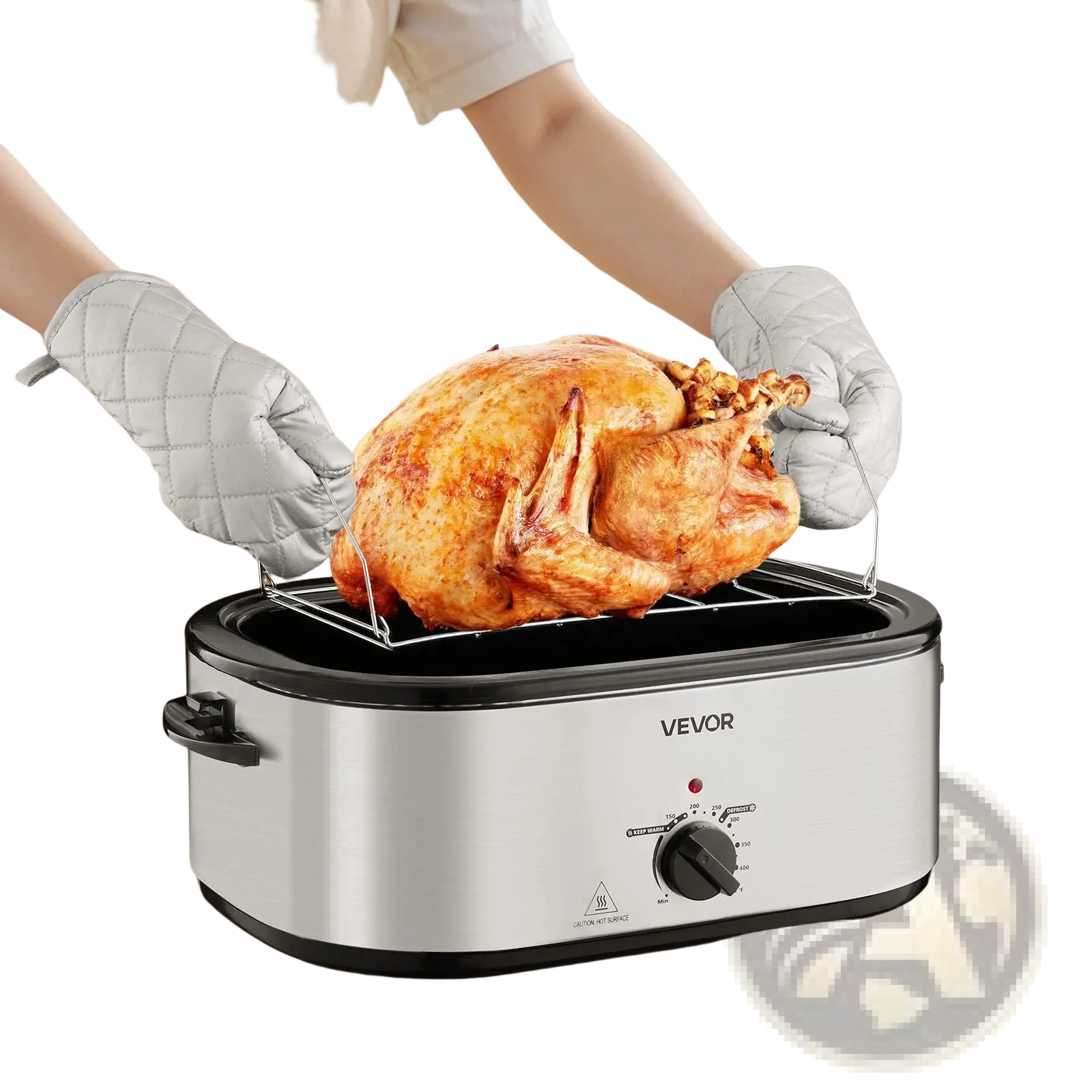 Silver stainless steel vevor electric roaster oven 24qt with black accents and control knob for buffet serving
