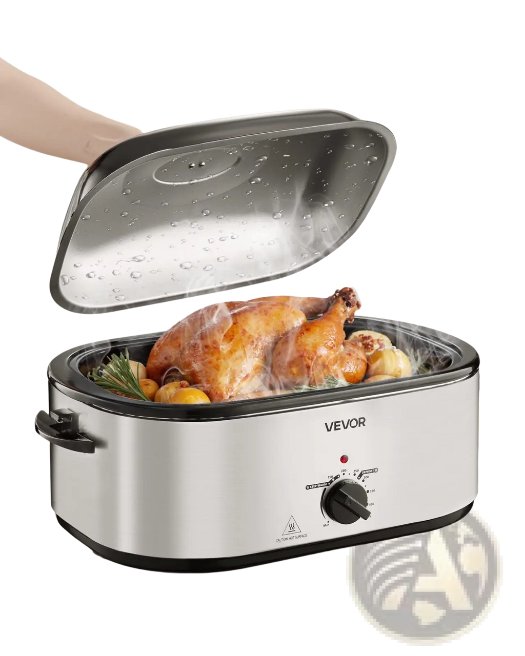 Stainless steel Vevor electric roaster oven 24qt with self-basting lid black handle and control knob for buffet serving