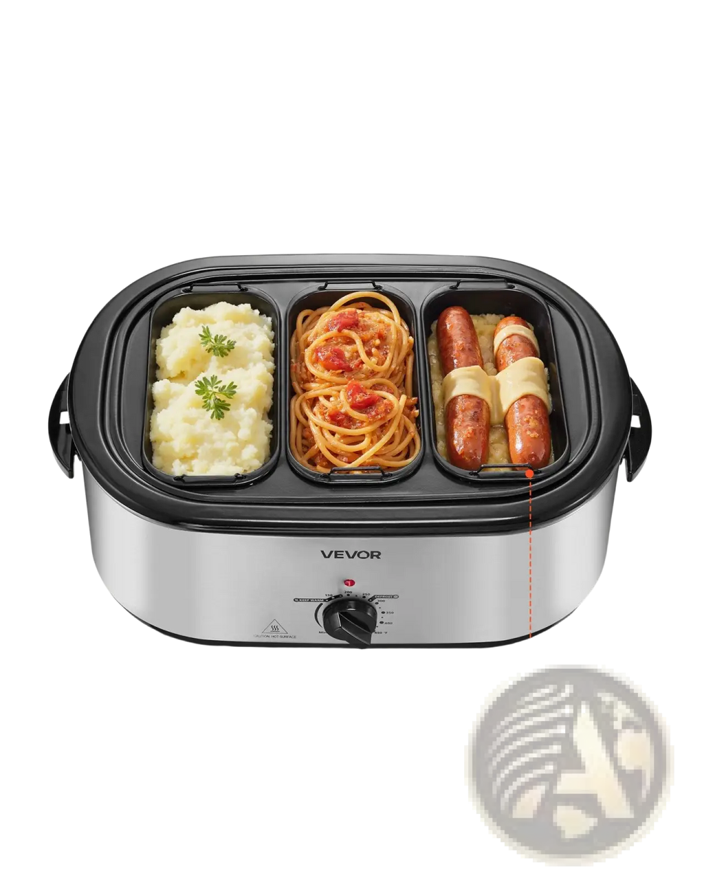 Stainless steel Vevor electric roaster oven 24qt with 3-section black-trimmed buffet server for multiple dishes