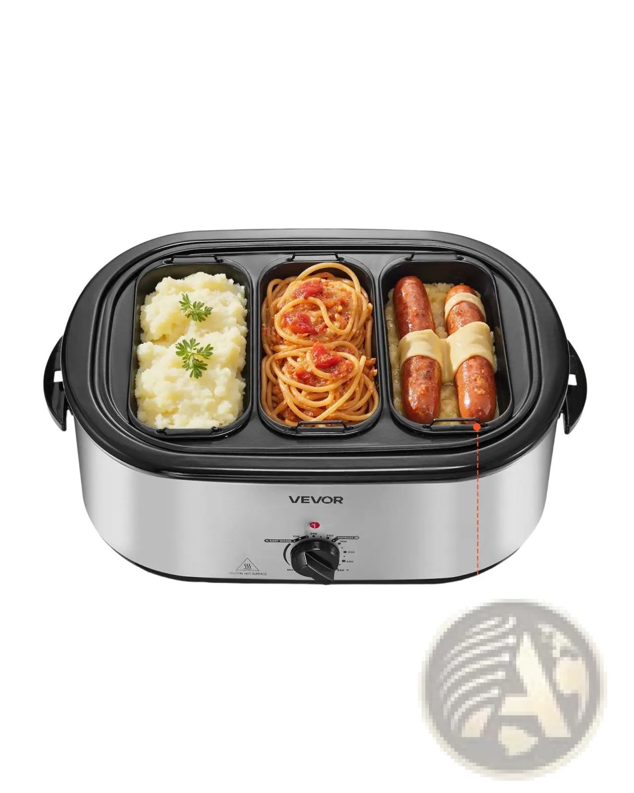 Stainless steel Vevor electric roaster oven 24qt with 3-section black-trimmed buffet server for multiple dishes