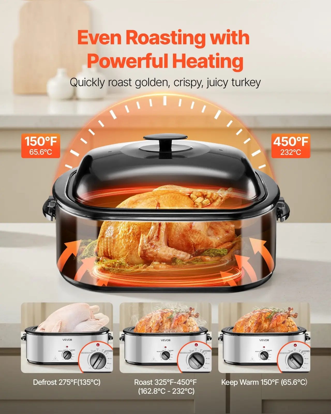 Black and silver electric roaster oven with glass lid designed for even heating to roast turkey or other meats