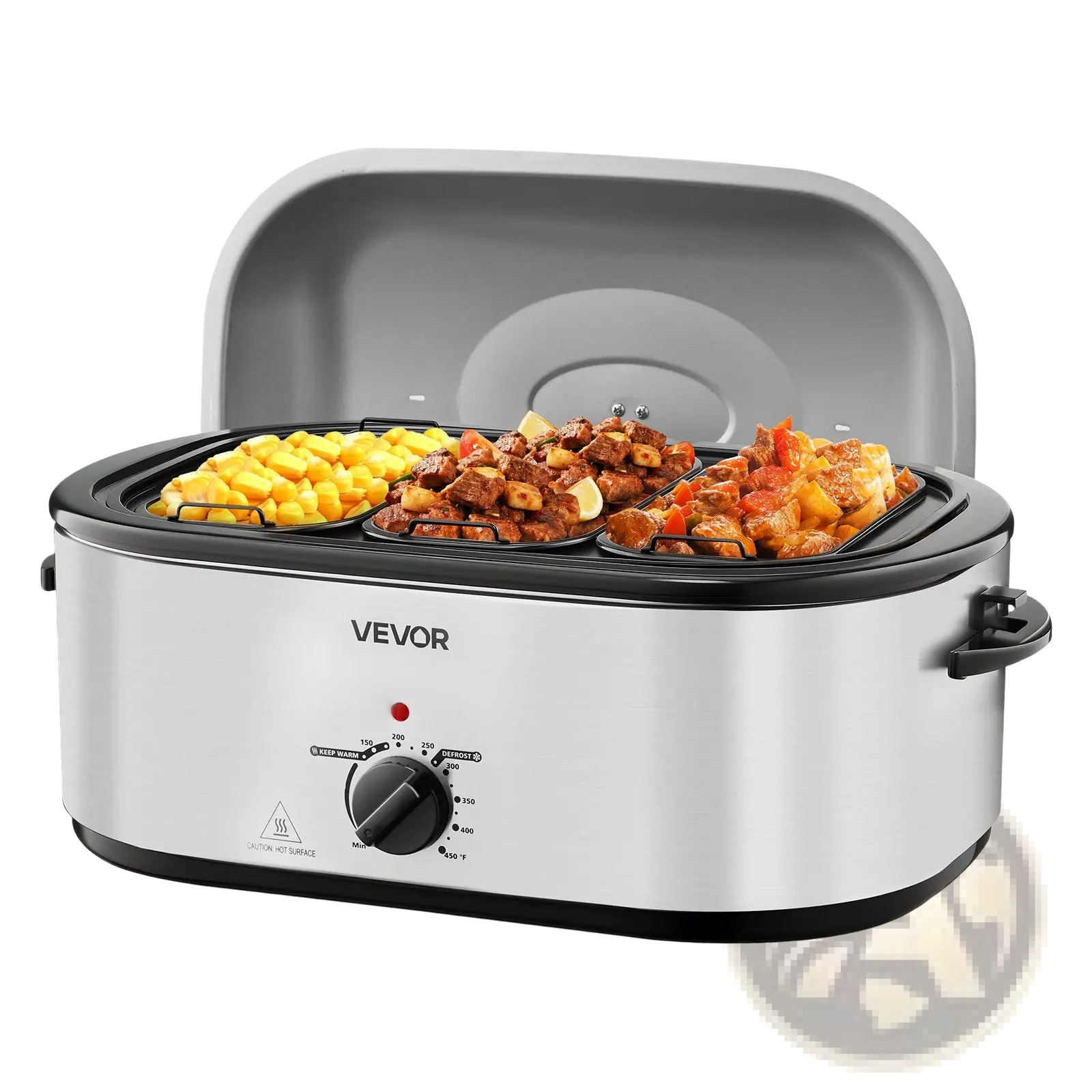 Stainless steel vevor electric roaster oven 24qt with black accents gray lid and three food-filled cooking trays
