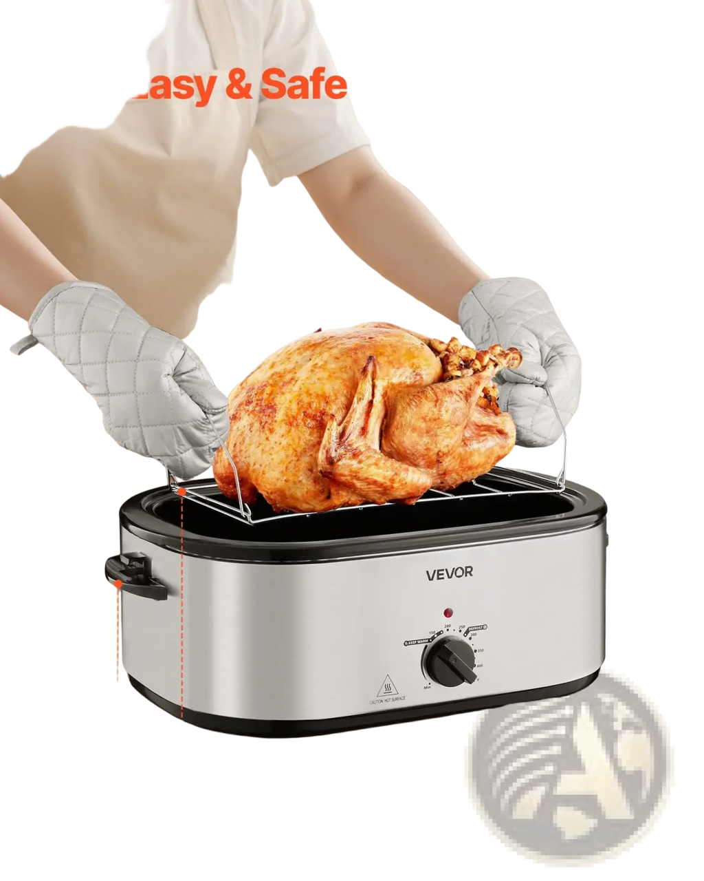 Electric roaster oven 24qt vevor stainless steel with black accents cool touch handles and lift out rack for turkey roasting