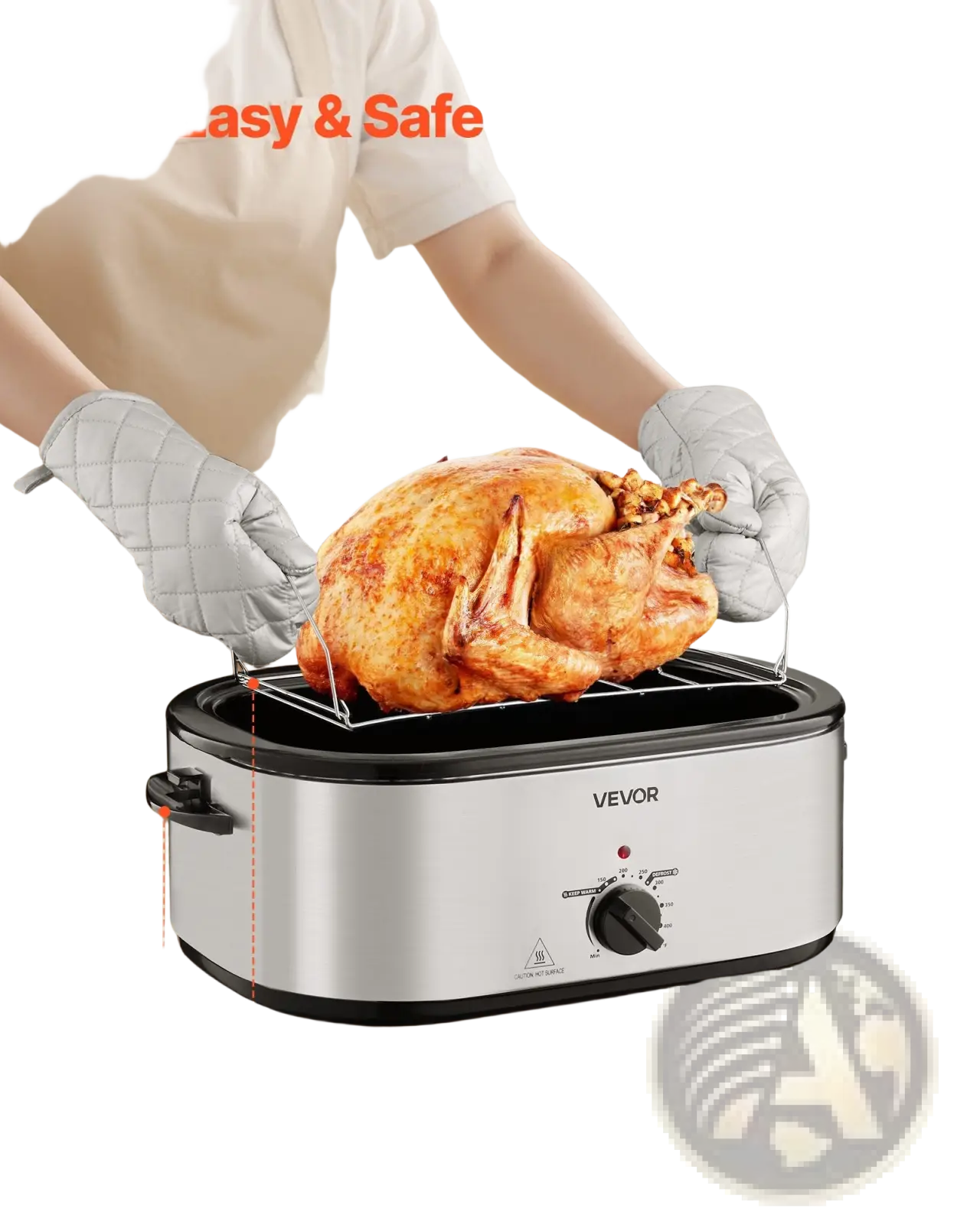 Electric roaster oven 24qt vevor stainless steel with black accents cool touch handles and lift out rack for turkey roasting