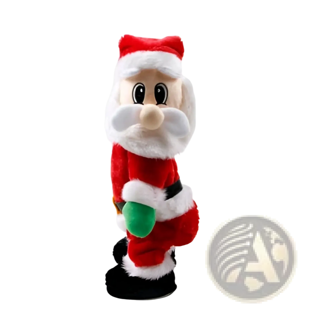 Electric santa claus shaking hips musical toy 46cm red and white plush figure with black boots holding green gift