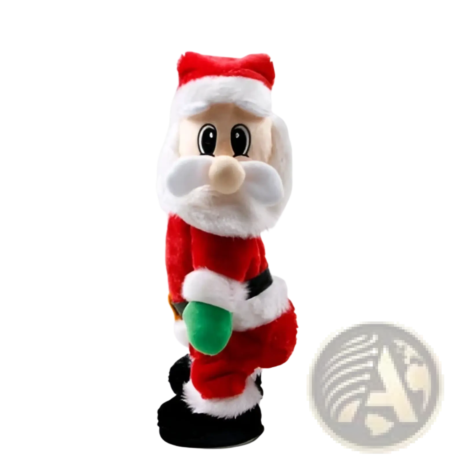 Electric santa claus shaking hips musical toy 46cm red and white plush figure with black boots holding green gift