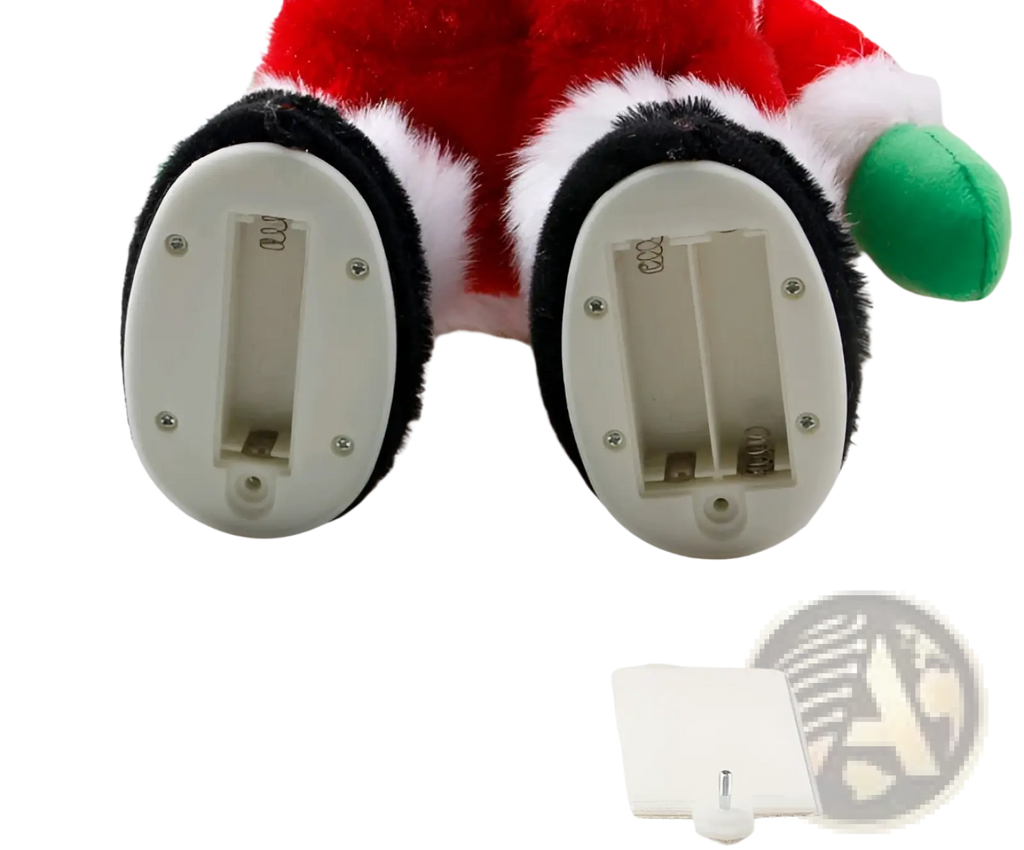 Red and white plush electric santa claus shaking hips musical toy with black feet and built-in battery compartments