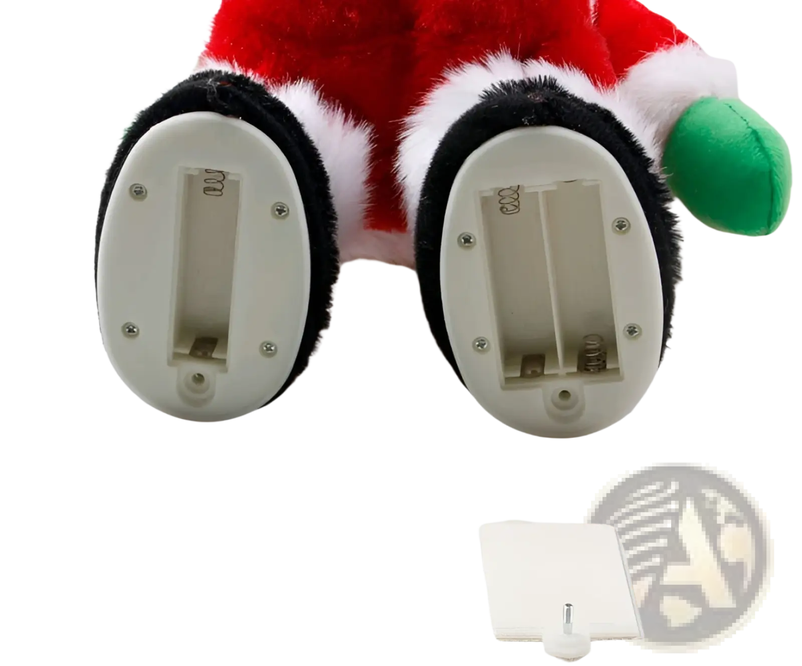 Red and white plush electric santa claus shaking hips musical toy with black feet and built-in battery compartments
