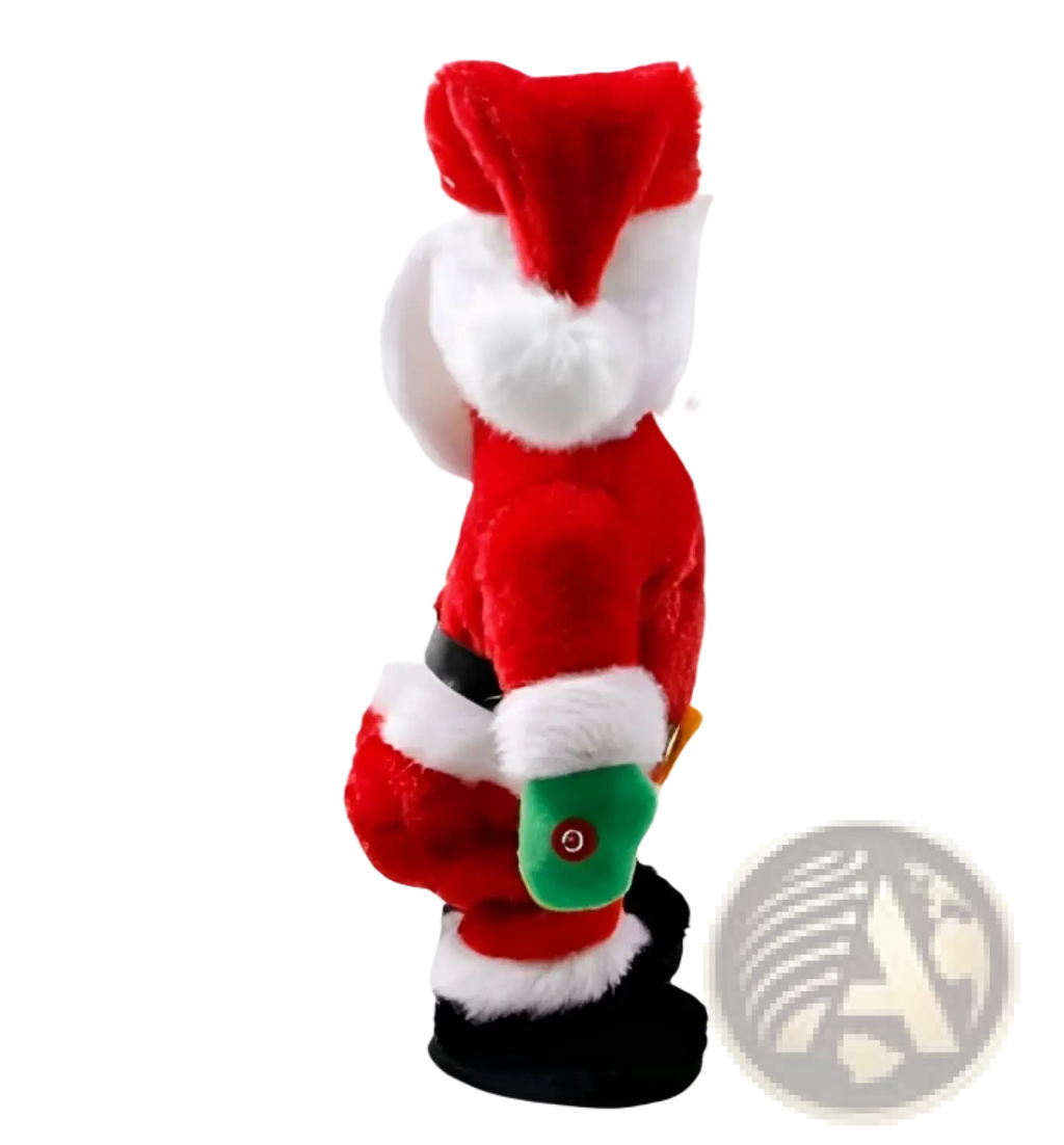 Red and white plush electric Santa Claus musical toy with shaking hips green belt buckle and fluffy hat 46cm tall