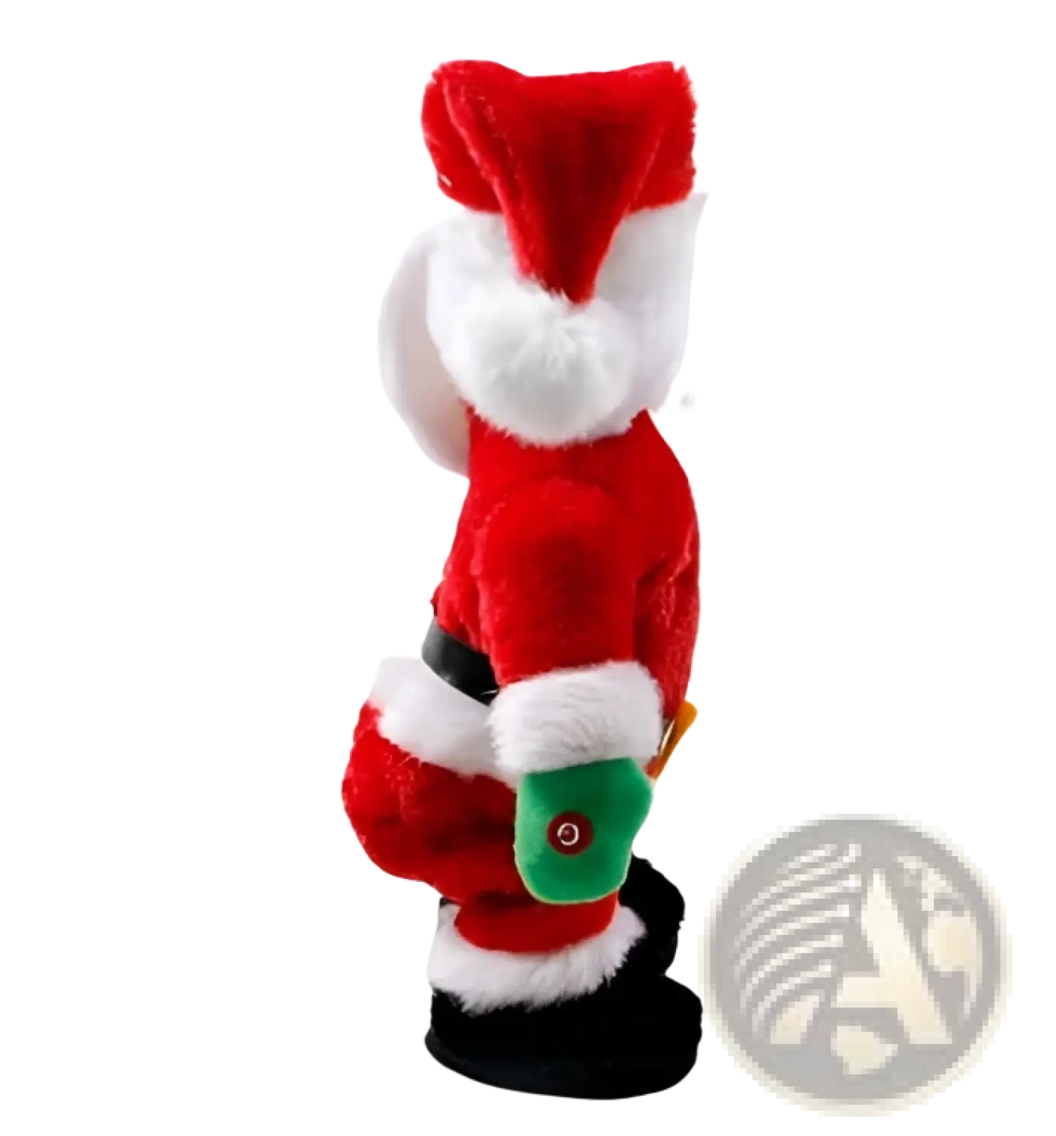 Red and white plush electric Santa Claus musical toy with shaking hips green belt buckle and fluffy hat 46cm tall