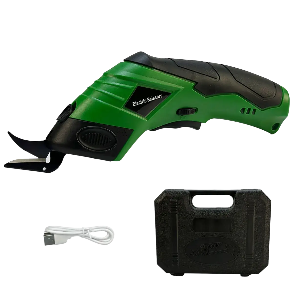 Green and black cordless usb rechargeable electric scissors with textured grip in matching plastic storage box set