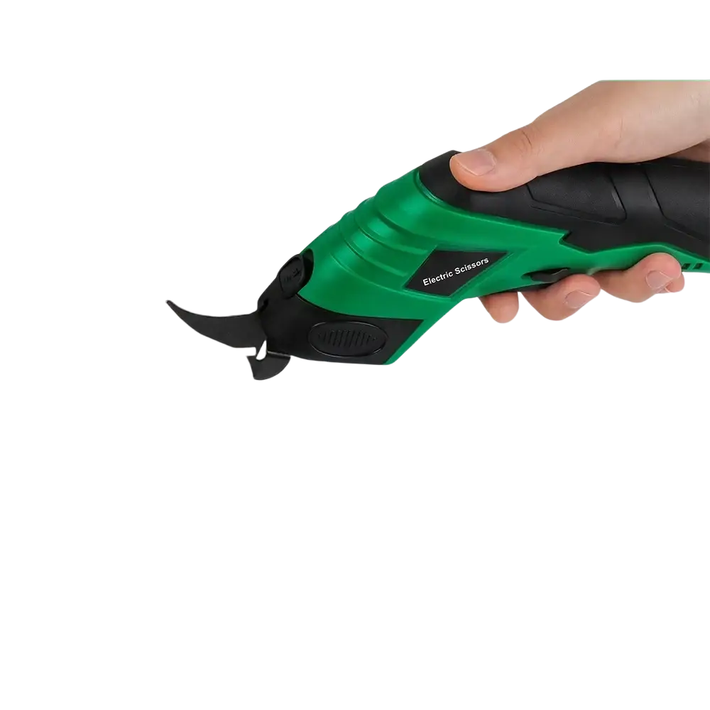 Green and black cordless usb rechargeable electric scissors with ergonomic grip for cutting fabric leather vinyl plastic and more