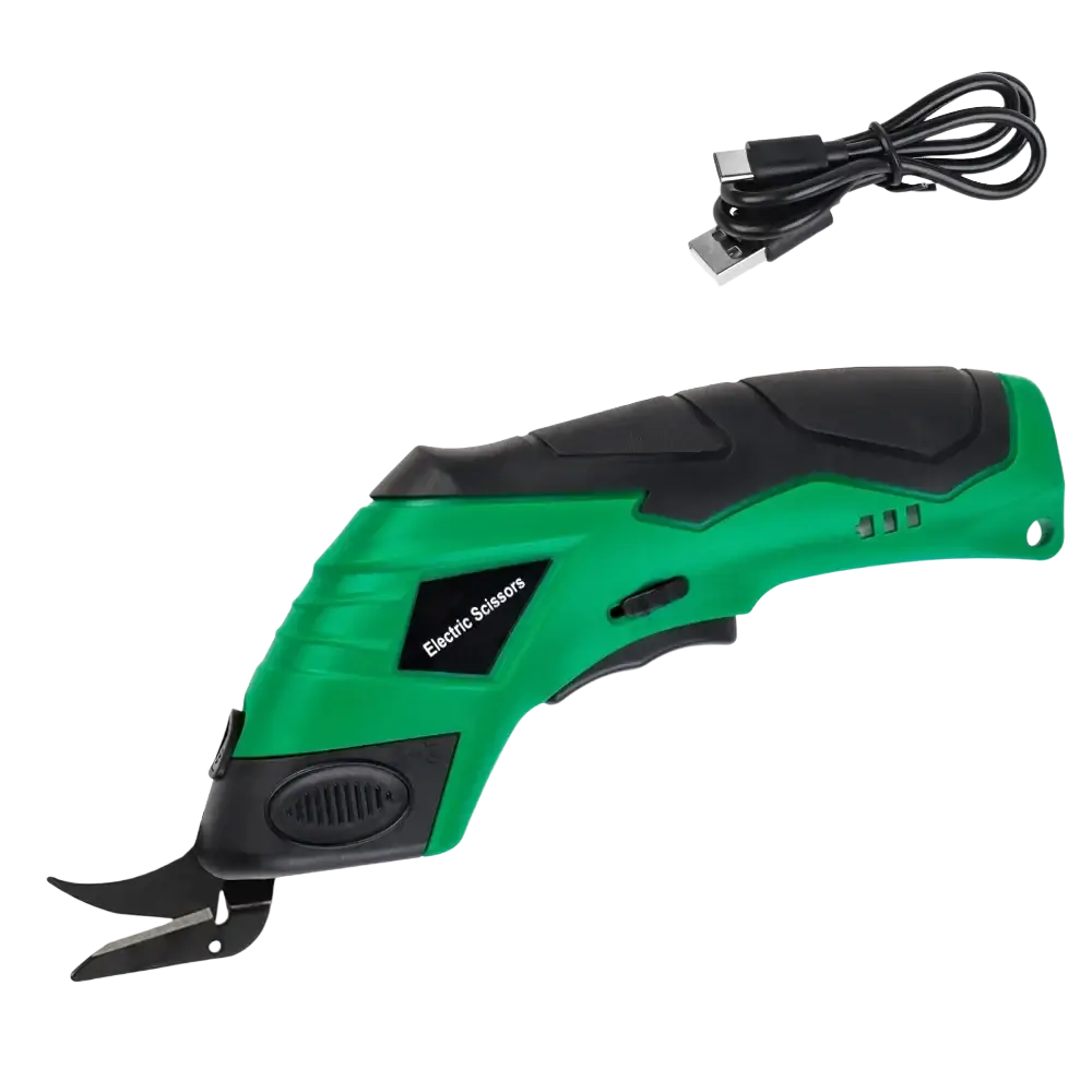 Green and black electric scissors cordless usb rechargeable fabric cutter with 4v battery for precise cutting