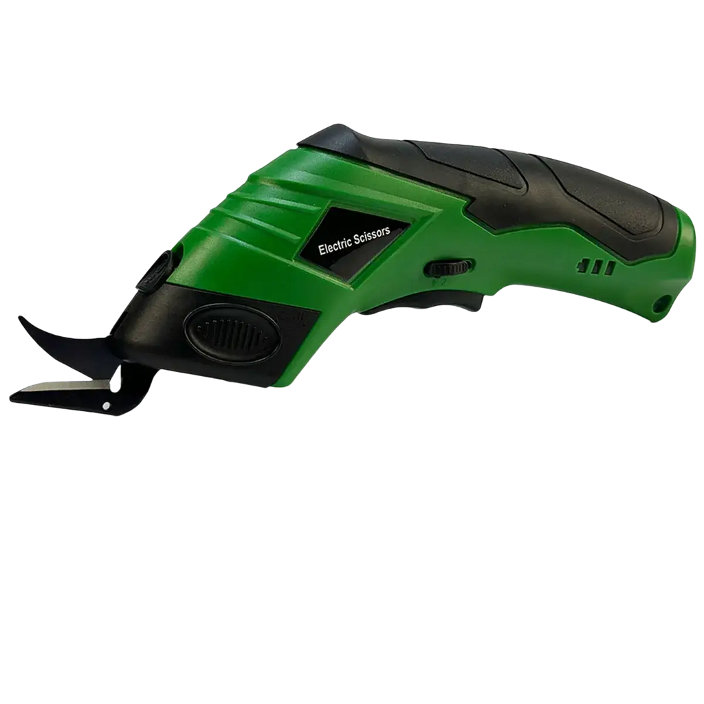 Green and black multifunctional electric scissors with textured grip handle cordless usb rechargeable fabric cutter