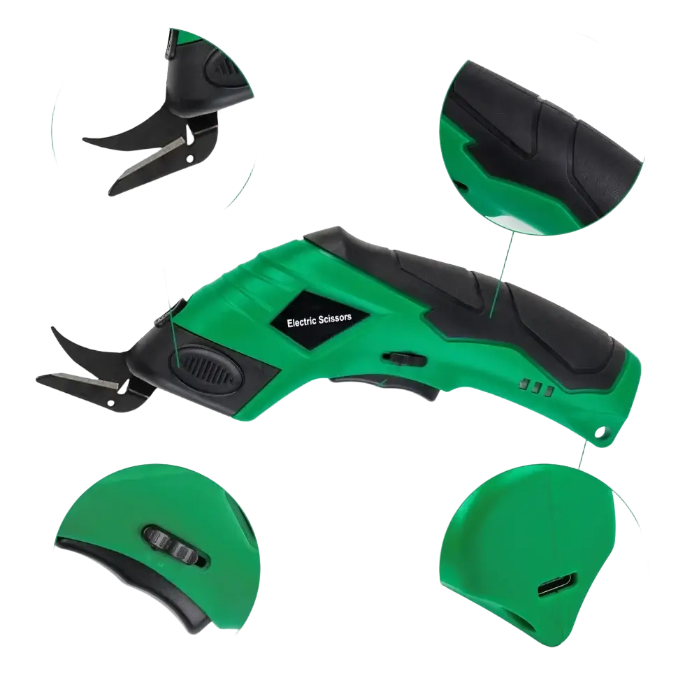 Green and black electric scissors with ergonomic grip curved blades and usb charging port cordless fabric cutter