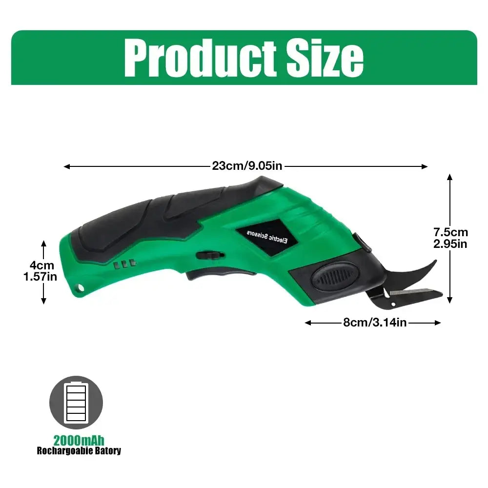 Electric scissors cordless usb rechargeable fabric cutter with green and black electric trimmer and textured grip handle