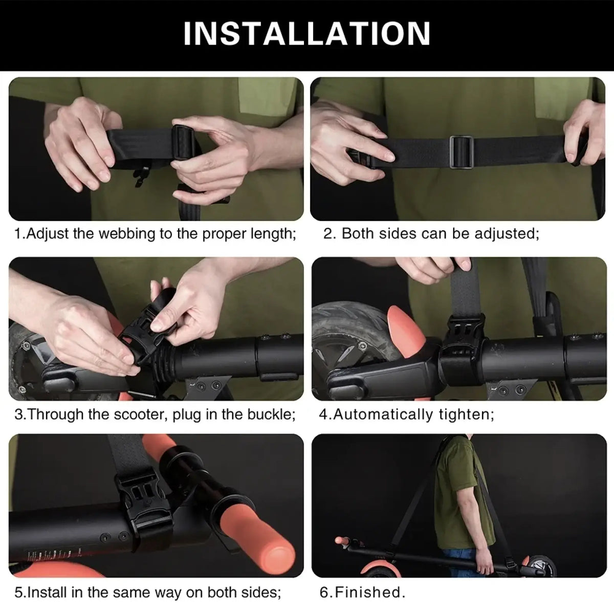 Black adjustable webbing belt with plastic buckle for electric scooter carry strap handle on scooter handlebars