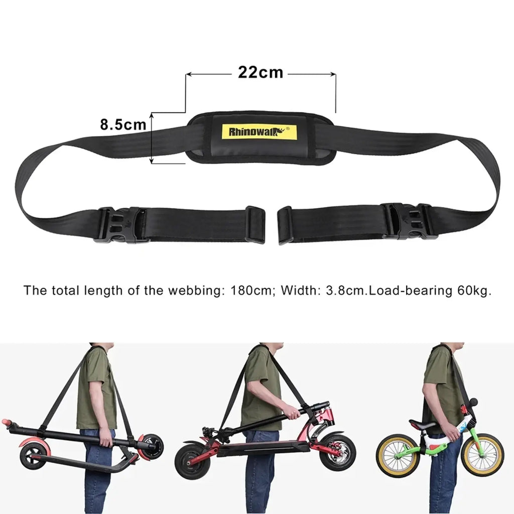 Black electric scooter carry strap handle with adjustable buckles for scooters bikes and walking made of durable material