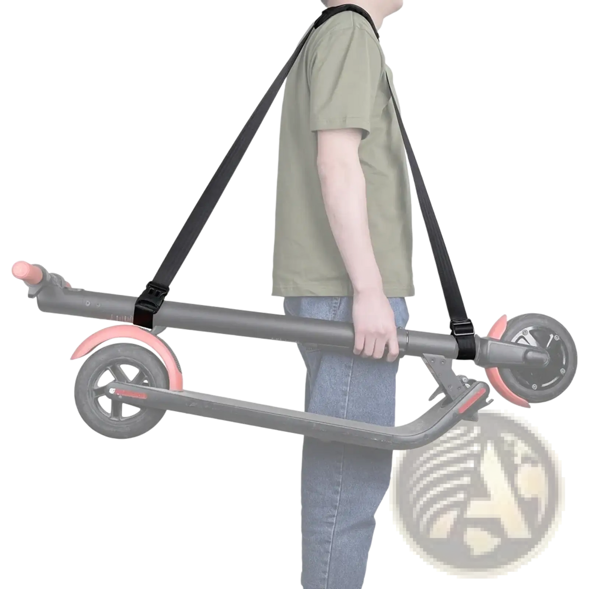 Black shoulder strap handle made of durable material for carrying an electric scooter comfortably and securely
