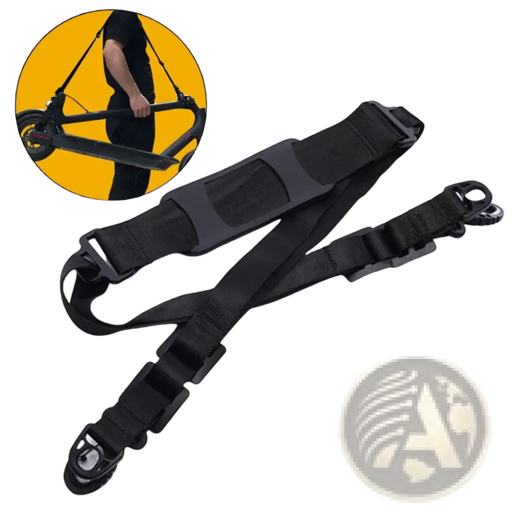 Black nylon electric scooter carrying strap with adjustable buckles and padded grip for shoulder use