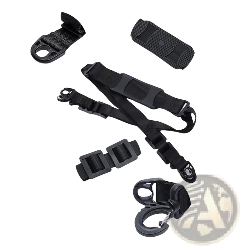 Black adjustable nylon shoulder strap for electric scooter with reinforced webbing and plastic buckles