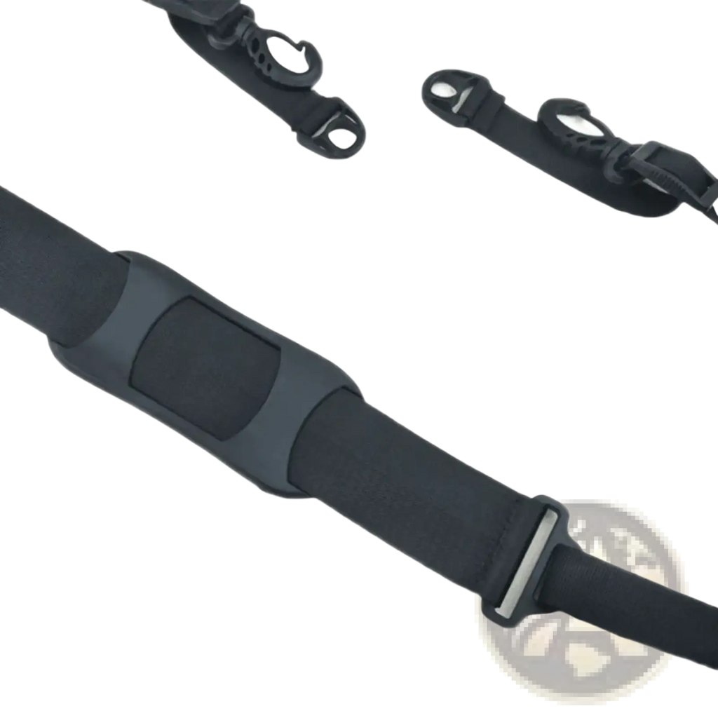 Black adjustable nylon electric scooter carrying strap with padded grip section and metal buckle hardware