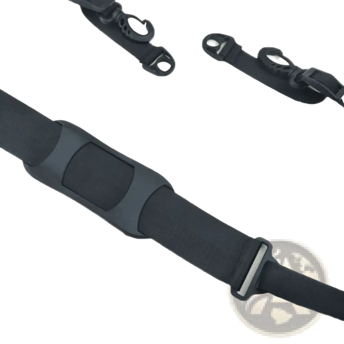 Black adjustable nylon electric scooter carrying strap with padded grip section and metal buckle hardware
