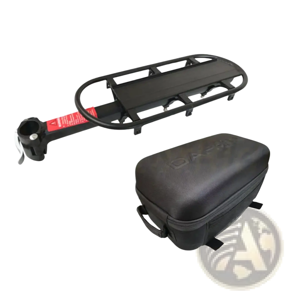 Black metal electric scooter rear basket bag with matching black fabric waterproof 8l storage shown from back side