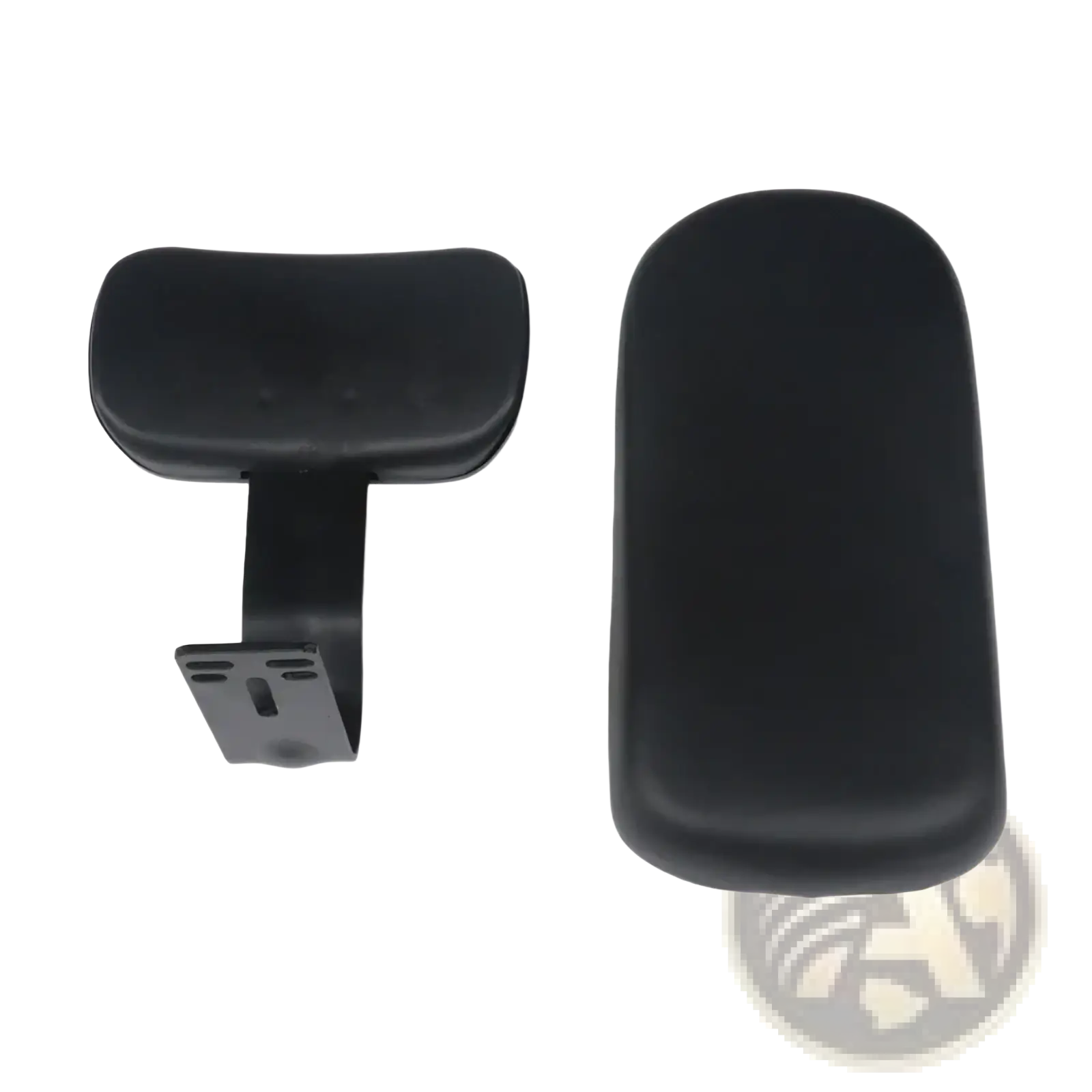 Black ergonomic electric scooter rear seat backrest cushion kit with padded armrests and metal mounting brackets back side view