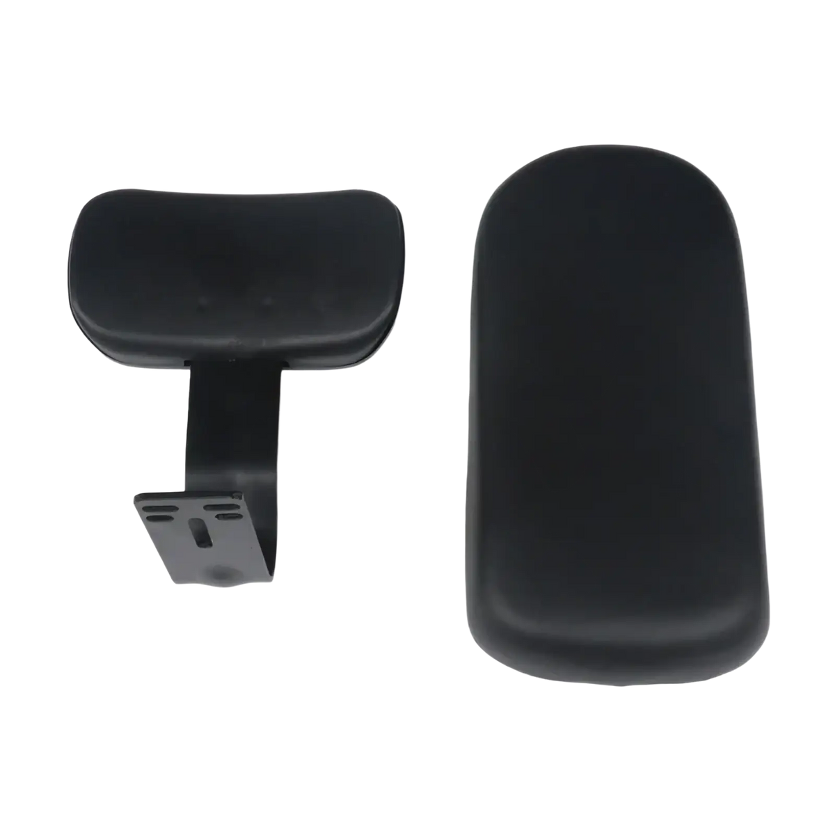 Black ergonomic electric scooter rear seat backrest cushion kit with padded armrests and metal mounting brackets back side view