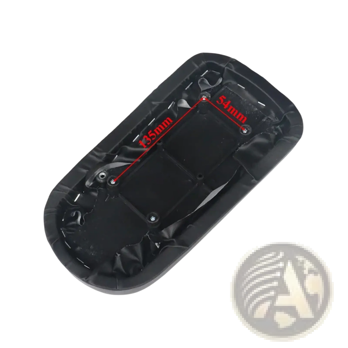 Black plastic electric scooter rear seat backrest cushion kit showing molded contours and mounting hardware back side