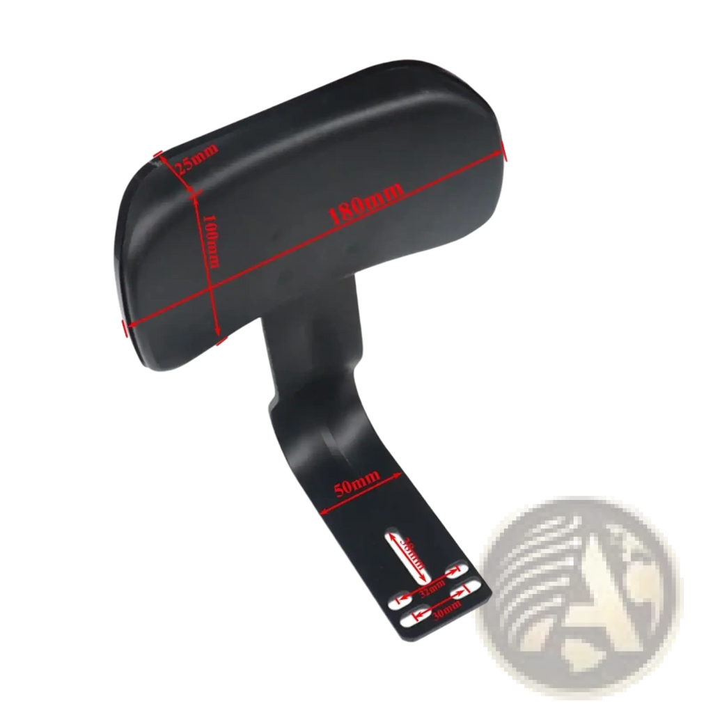 Black plastic ergonomic curved armrest with mounting bracket shown from the back for electric scooter rear seat cushion kit