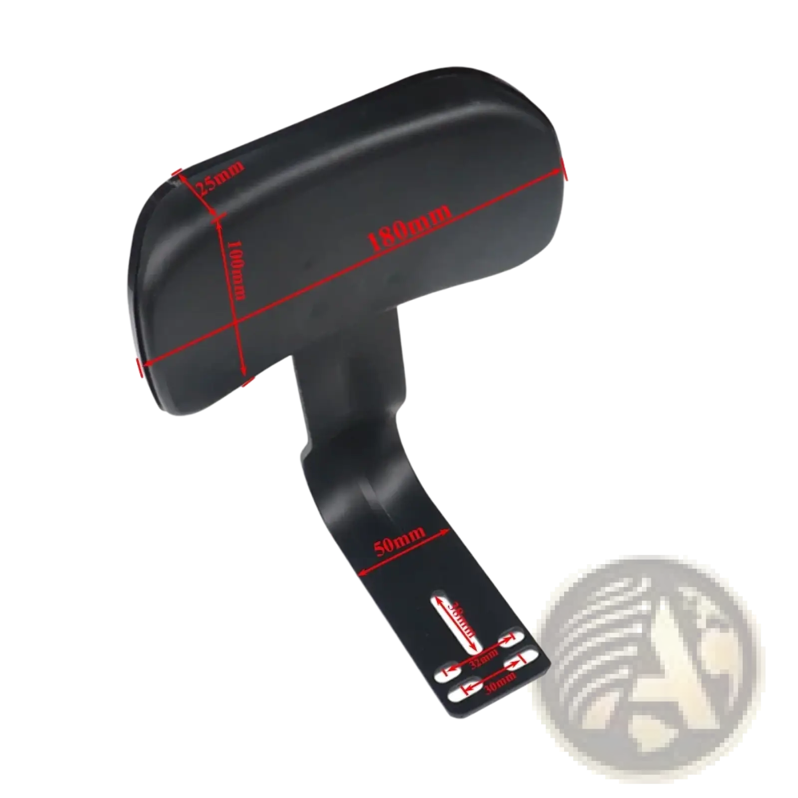 Black plastic ergonomic curved armrest with mounting bracket shown from the back for electric scooter rear seat cushion kit