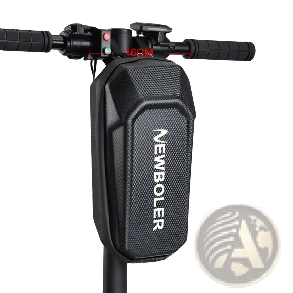 Black textured newboller electric scooter waterproof front storage bag with white lettering for durable use