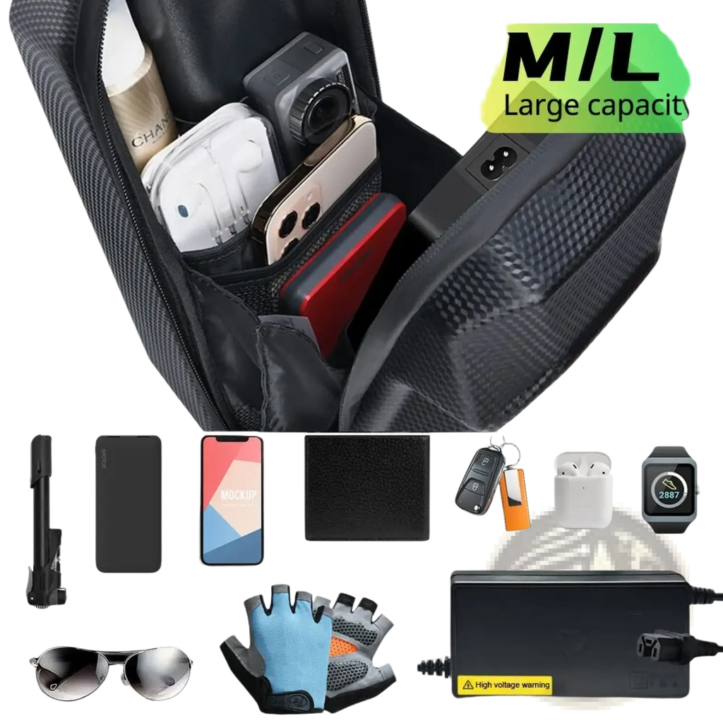 Black carbon-fiber textured electric scooter waterproof front storage bag with multiple compartments for travel organization