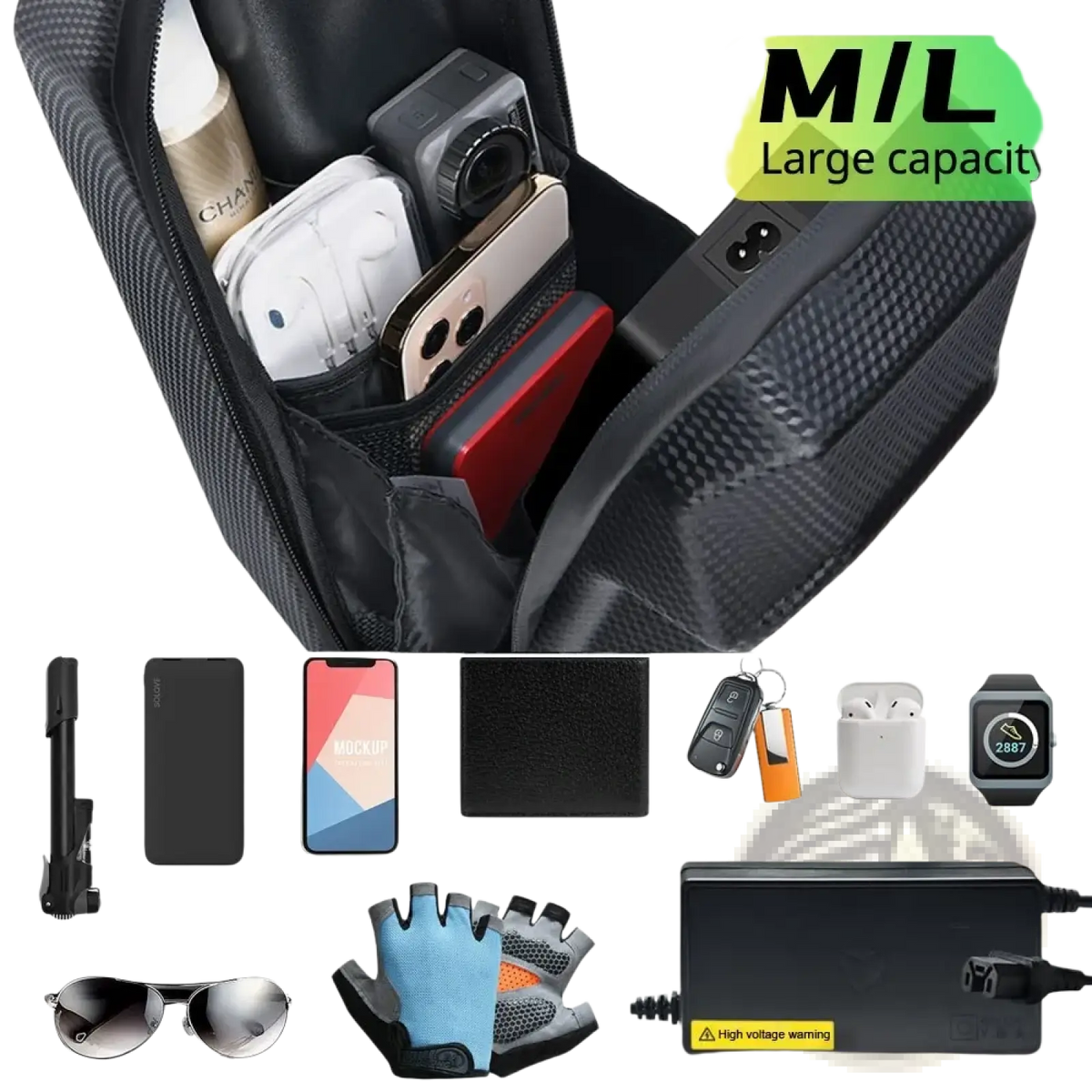 Black carbon-fiber textured electric scooter waterproof front storage bag with multiple compartments for travel organization