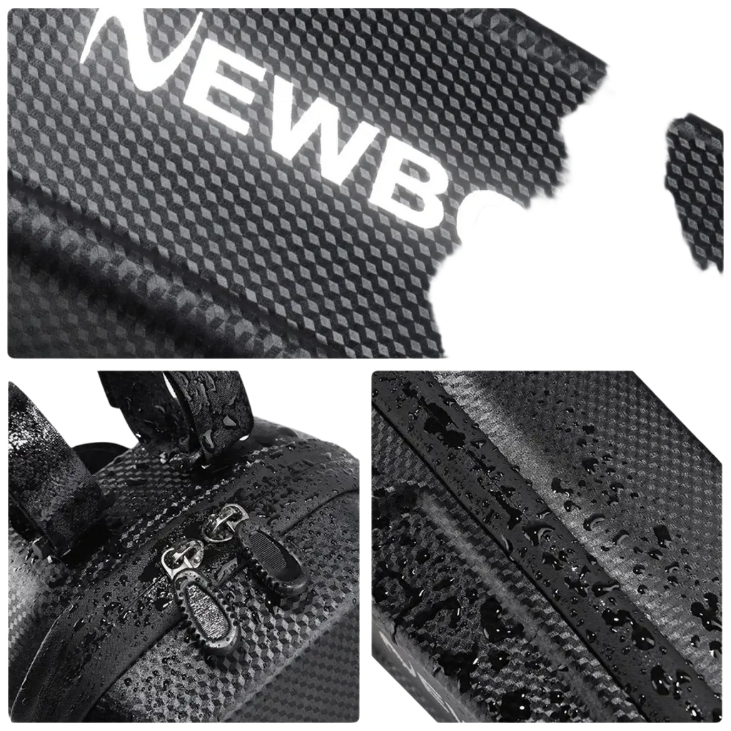 Black carbon fiber-textured electric scooter waterproof front storage bag with waterproof zipper and reinforced seams