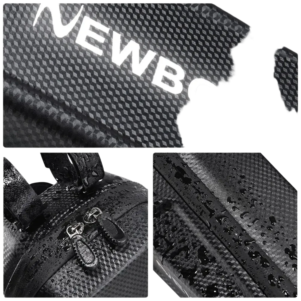 Black carbon fiber-textured electric scooter waterproof front storage bag with waterproof zipper and reinforced seams