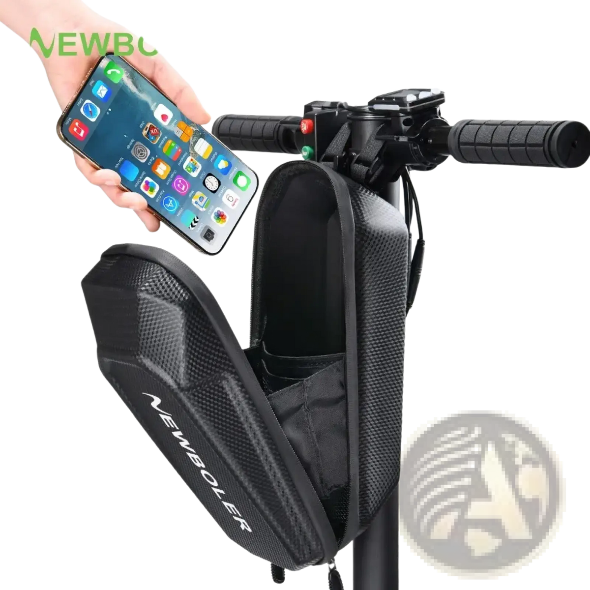 Black newboler electric scooter waterproof front storage bag with mesh and zipper handlebar details