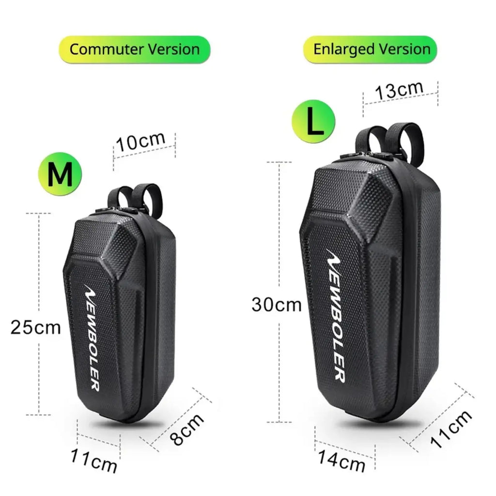 Black textured newboler electric scooter waterproof front storage bag with white branding and dual carrying straps